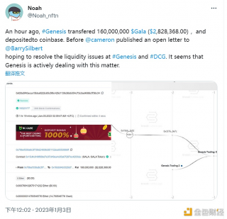 数据：Genesis在1小时前向Coinbase充值1600万枚Gala